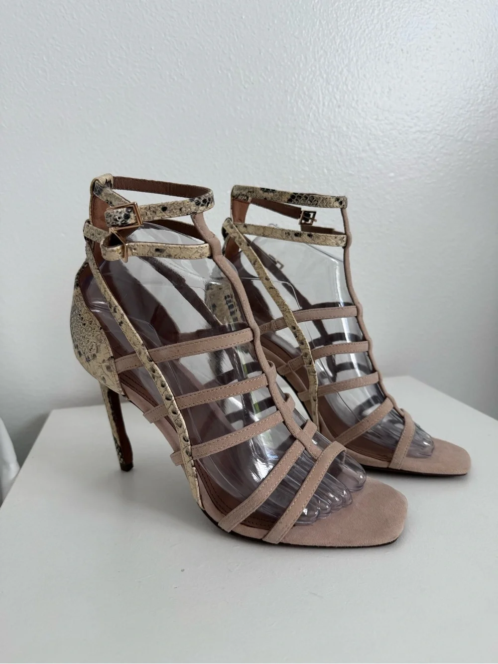 BCBGMaxAzria Nude Taupe Strappy High Heel Sandals with Snake-Print Trim